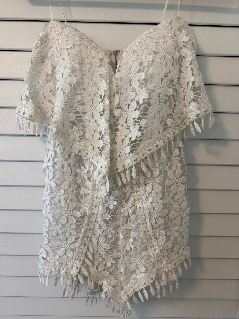 Luxxel White Lace Romper with Silver Zipper Detail